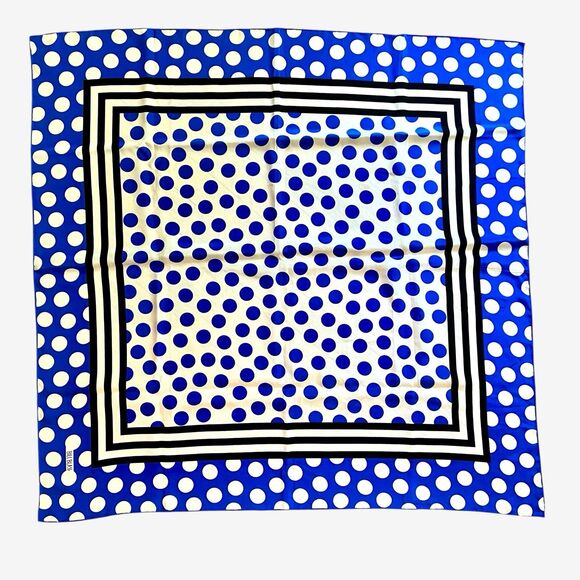 VTG  BILL BLASS SQUARE WHITE BLACK BLUE POLKA DOT HANDROLLED SILK scarf - Picture 1 of 5